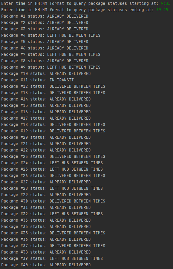 All package statuses between 9:35 and 10:25